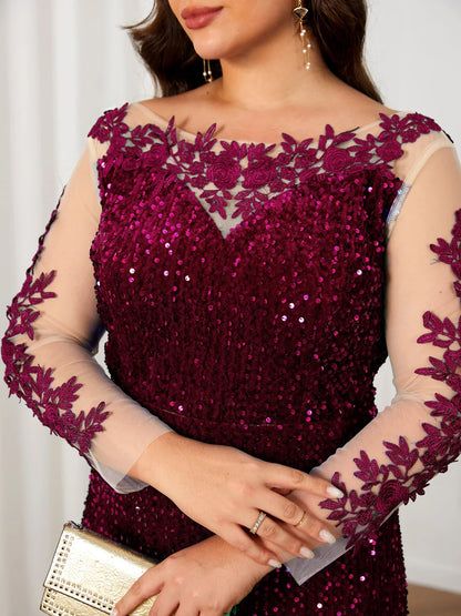 O Neck Curve Long Sequined Velvet Lace Evening Dress Prom Gown Floor Length Backless Maxi Dresses
