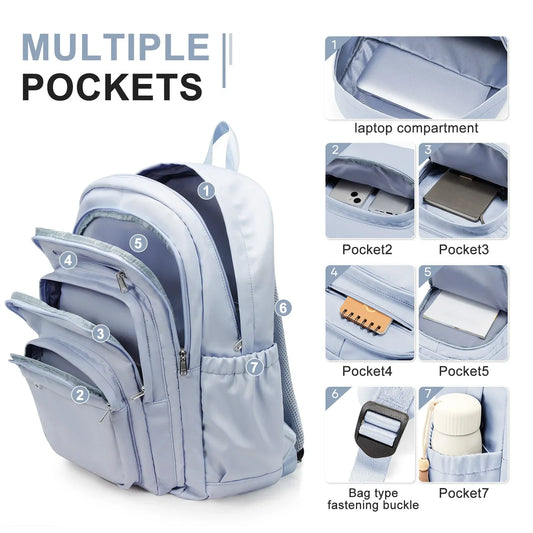 Casual Nylon Backpack, Backpack for Women, Multi-Pocket Design in Light Blue Durable for School, High School and College Bookbag