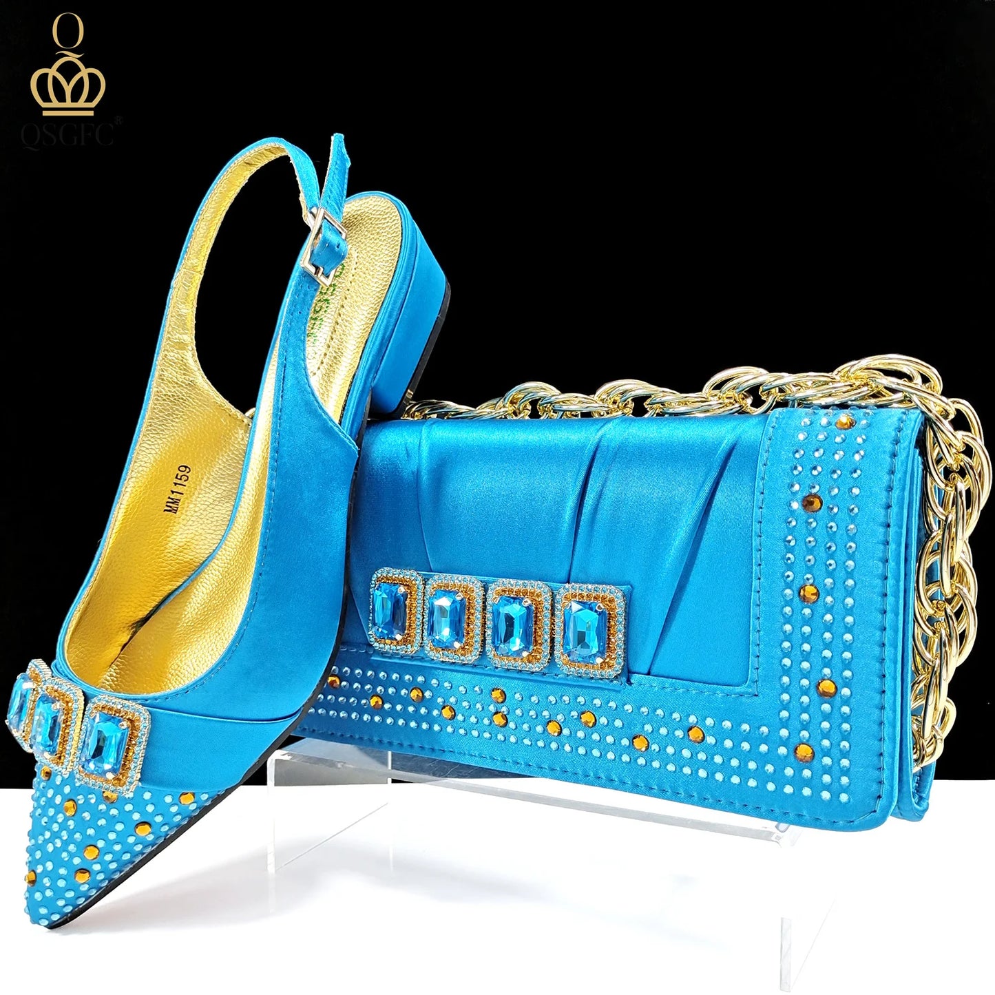 Summer New Design Specials Italian Women Shoes and Bag Set Sky Blue Color Comfortable Low Heels With Rhinestone