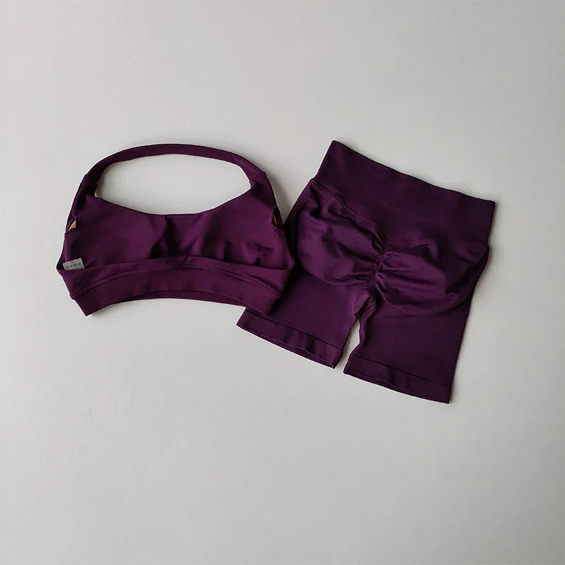 2pcs Sexy Halter Neck Beautiful Back High Waist Peach Sports Bras Set Suit Pilates Gathering Training Yoga Vest Fitness Bra