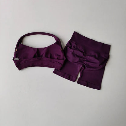 2pcs Sexy Halter Neck Beautiful Back High Waist Peach Sports Bras Set Suit Pilates Gathering Training Yoga Vest Fitness Bra