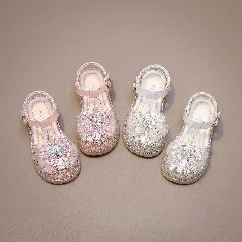 New Summer Children Crown Sandals Wedding Party Girls Bowknot Pearl Shoes Sweet Elegant Kids Causal Flat Sandals