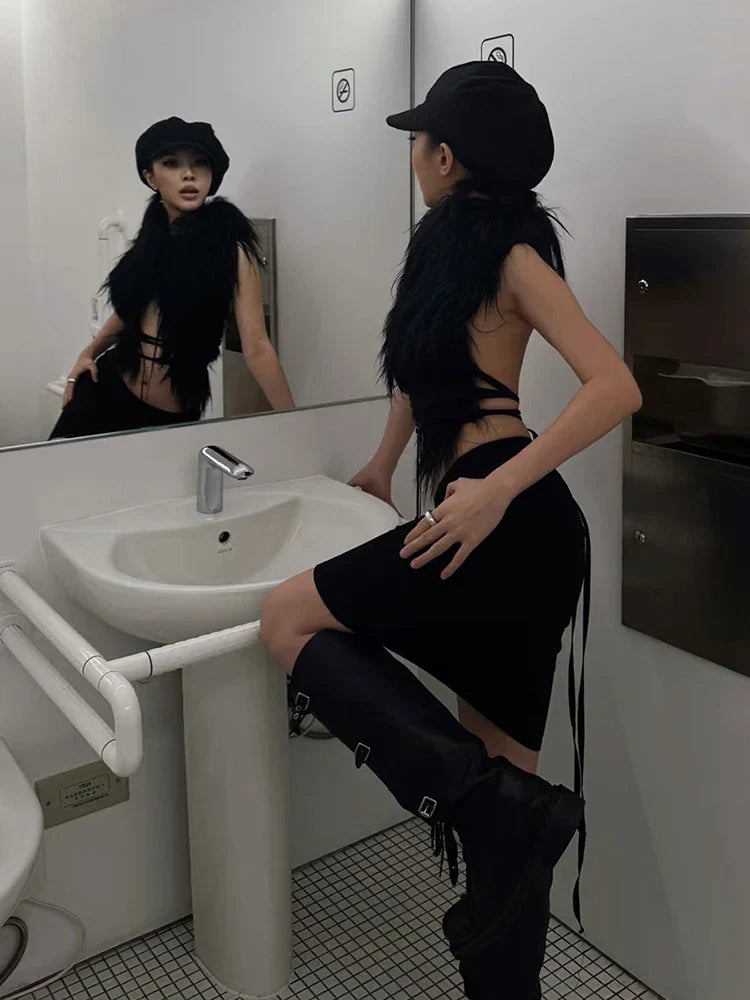 Hottie Sexy Furry Halter Top Women Fur Collar Backless Lace-Up Coquette Dark Punk Style Music Festival Clubwear Vests