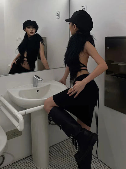 Hottie Sexy Furry Halter Top Women Fur Collar Backless Lace-Up Coquette Dark Punk Style Music Festival Clubwear Vests
