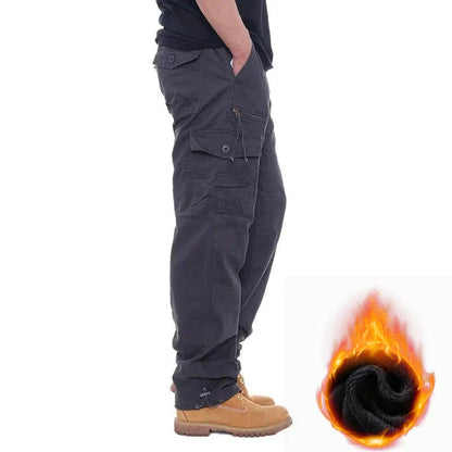 Autumn Winter Mens Cargo Pants Fleece Warm Trousers Cotton Pants Insulated Hiking Running Pants Man Multiple Pockets