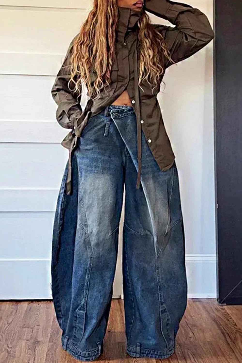 Y2K Women Loose Denim Jeans Asymmetric Button Pocket Washed Jean Casual Harajuku High Street Grunge Denim Trouders Pants