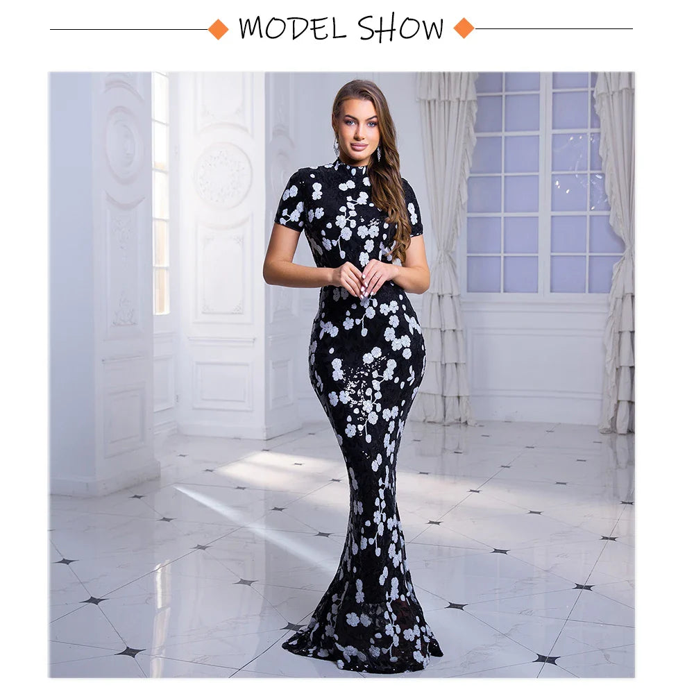O Neck Short Sleeve Graduation Dresses Flowers Sequined Long Bodycon Stretchy Women Evening Dress Summer 2025