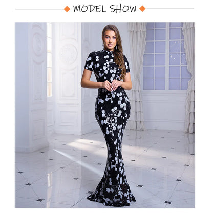 O Neck Short Sleeve Graduation Dresses Flowers Sequined Long Bodycon Stretchy Women Evening Dress Summer 2025