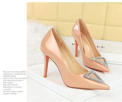 American Banquet High Heels Slim Heels Shiny Patent Leather Shallow Mouth Pointed Toe Shining Rhinestone High Heels Single Shoes