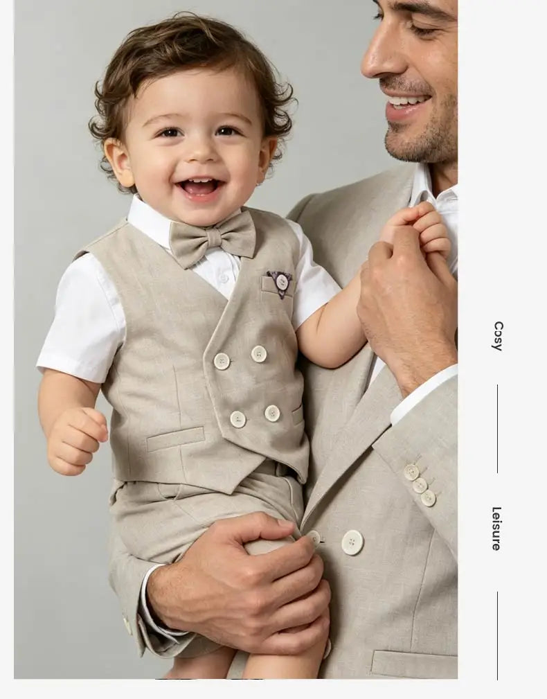 Summer Kids Boy Linen Suit Set Double Breasted Vest Shorts Bowtie for Ring Bearer Flower Boys Toddler Gentleman Outfit Clothes