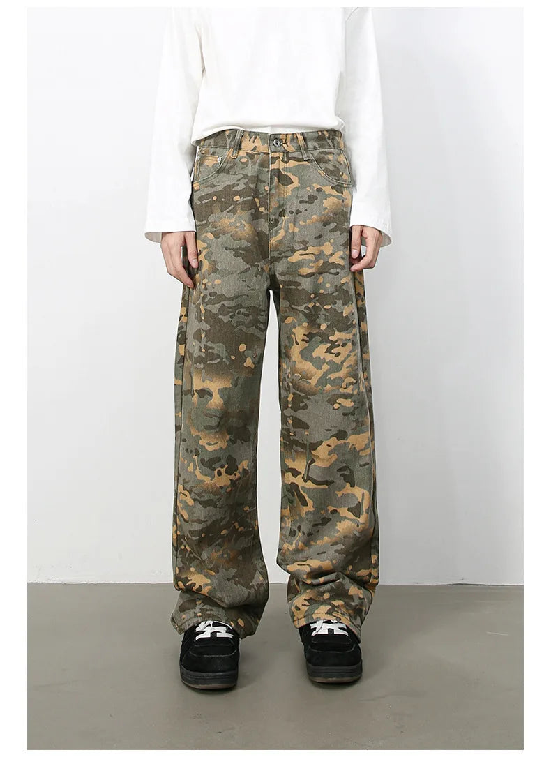 Tide Camouflage Jeans Men's Ins Loose Straight Wide Leg Casual Denim Pants Loose Male Trousers 12C2036