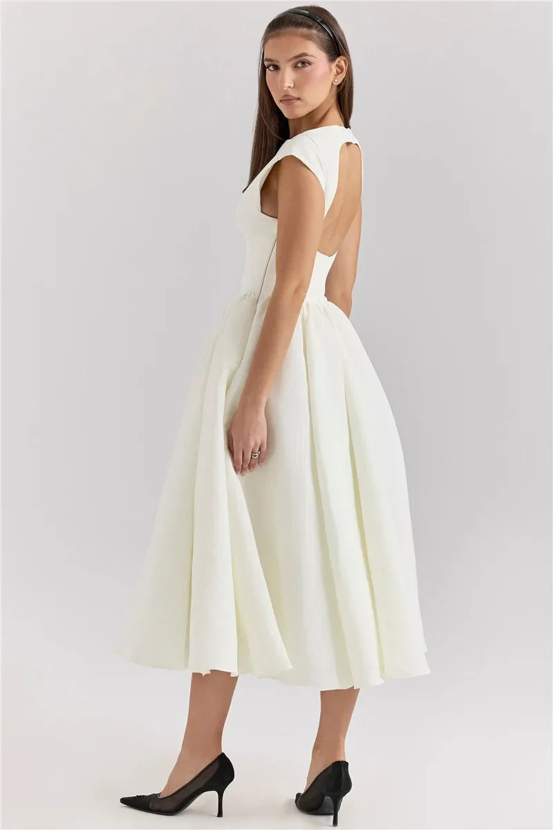 Women Circle Cut Out Back Dress Wide Shoulders and Fitted Waist Prom Dress Fluffy Hem Midi Wedding Party Dresses