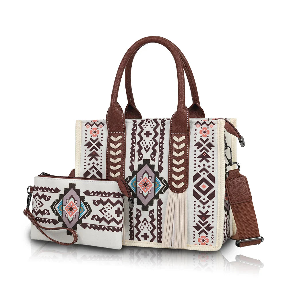 Ethnic print hand-held crossbody bag set with tassel decoration and small coin purse, suitable for daily commuting