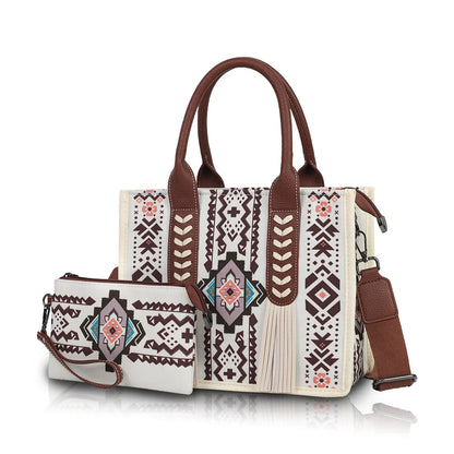 Ethnic print hand-held crossbody bag set with tassel decoration and small coin purse, suitable for daily commuting