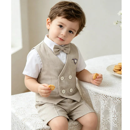 Summer Kids Boy Linen Suit Set Double Breasted Vest Shorts Bowtie for Ring Bearer Flower Boys Toddler Gentleman Outfit Clothes