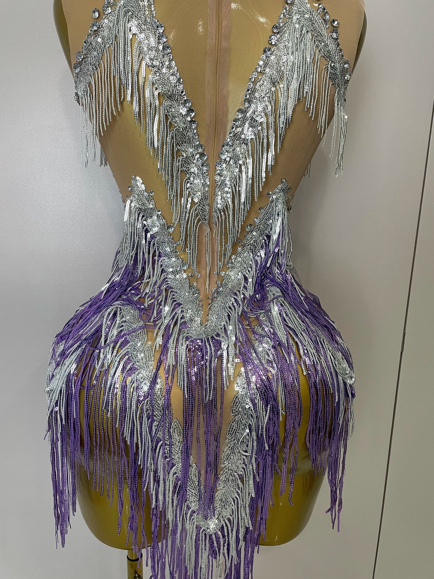 Women Sexy Stretch Mesh Sparkly Rhinestone Tassels Mini Dress Nightclub Singer Dance Stage Costume Evening Gowns