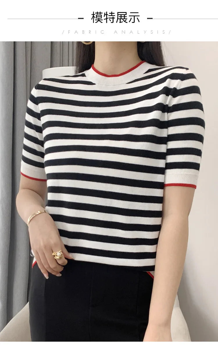 Summer Women's O-Neck Striped 100% Cotton Short Sleeve T-Shirt With Loose Pullover Casual Knit Top High Quality 5 Sizes