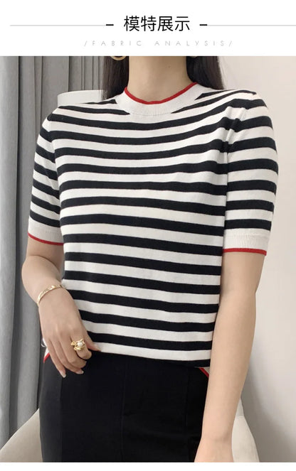 Summer Women's O-Neck Striped 100% Cotton Short Sleeve T-Shirt With Loose Pullover Casual Knit Top High Quality 5 Sizes