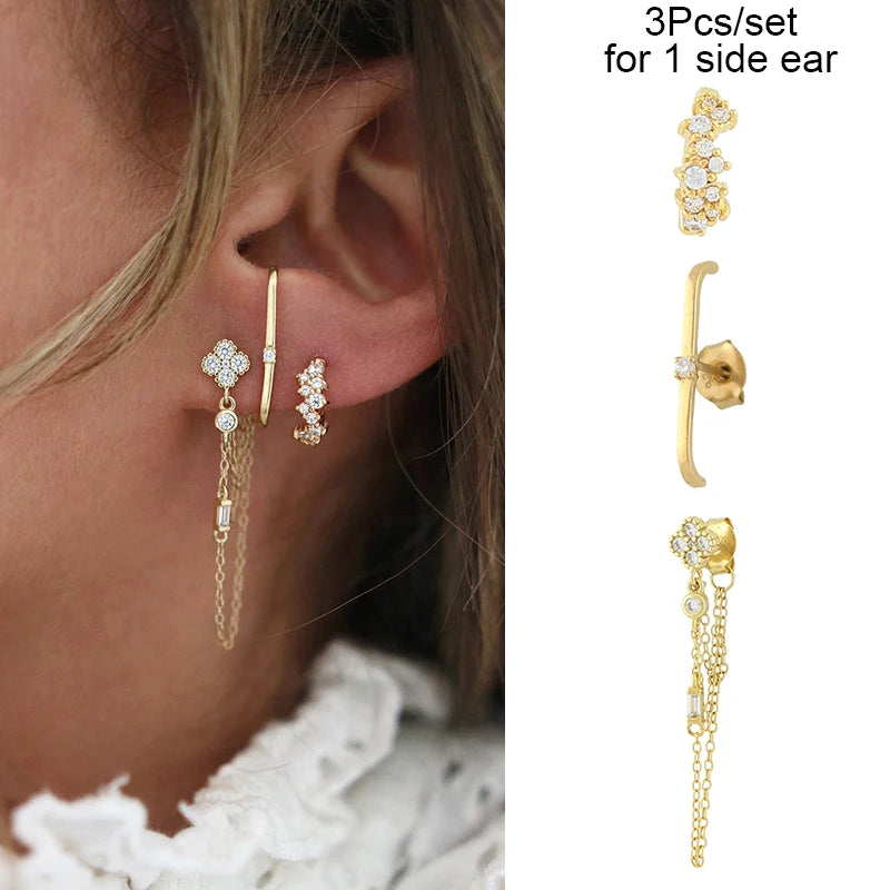 3PCs/set Earrings for 1 Ear Women gold color zirconia Classic Piercing Designer Earring set 2024 Women Jewelry Wholesale