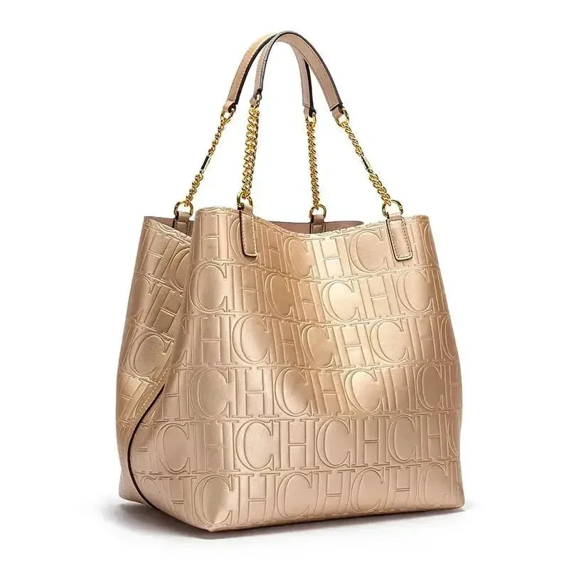 Embossed Logo Tote Bag Spacious Interior Chain Accent Top Handle Bag Casual Daily Outings Weekend Trips
