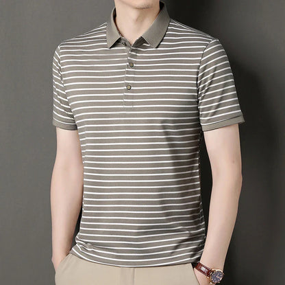 2024 Men's New Striped Cotton Business Casual Short Sleeved POLO Shirt Fashion Short Sleeved Comfortable and Breathable Top