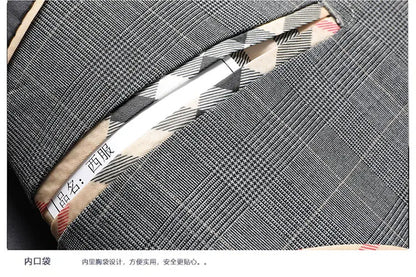 Suits (blazer+ Pants) Men Fashion Business Casual Solid Color Korean Version Slim-fit Plaid Gentleman Wedding Work S-5XL