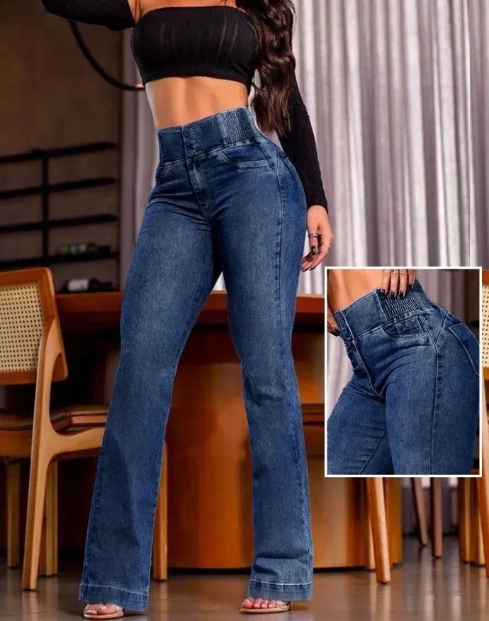 autumn winter  Elegant High Waist Button Front Casual Female Jeans Sexy  Fashion Back Shirred Trouser Bottom