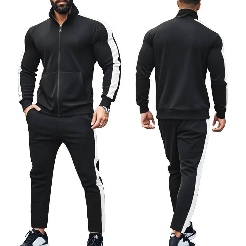 2025 Spring Autumn Men's 2-Piece Set Color Blocking Zipper Stand Collar Casual Sports Jacket Sweatshirt Trousers Suit