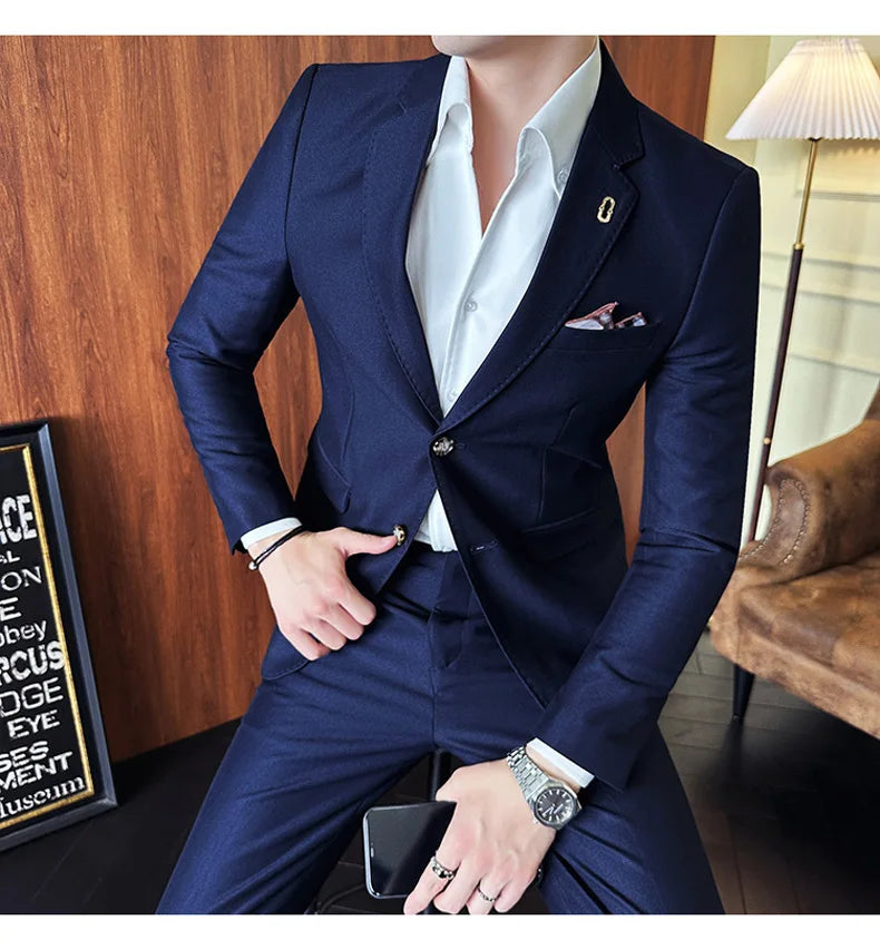 Men's Korean Style Slim Fit Suit Set, High Quality Fabric Solid Color Edge Pressing for Wedding Business