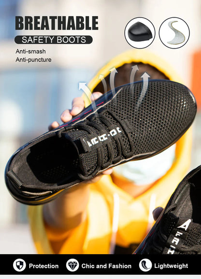 Men's Summer Mesh Safety Shoes Steel Toe Anti- Crush Breathable Lightweight Work Shoes Knitted Upper Kevlar Insertion Proof