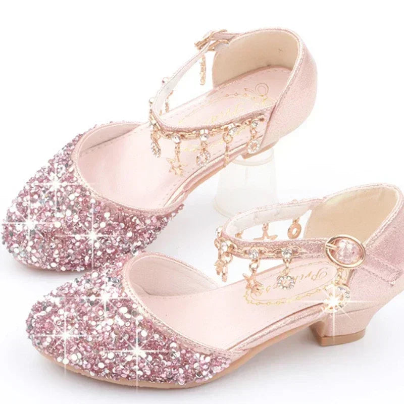 Fashion Kid Leather Shoe 2023 Summer Sequin Princess Shoe Crystal High Heel Sandals Kid Shoes Girl Dresses Mary Jane Girl Shoes