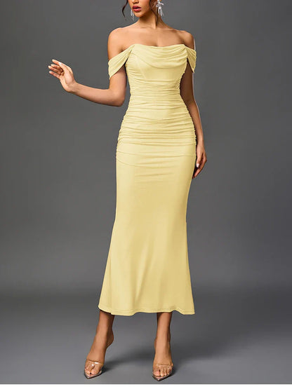 Women's Off Shoulder Ruched Mesh Long Corset Dress Backless Fishbone Bodycon Elegant Fashion Party Club Maxi Dresses