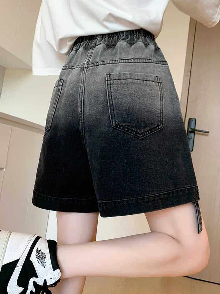Plus Size Denim Shorts For Women Summer 2024 New High Elastic Waist Pockets Wide Leg Loose Jean Short Femme Hot Sale