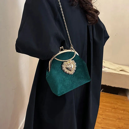 Velvet Frame Heart Dinner Hand Bags Diamonds Chains High Quality Shoulder and Crossbody Bags for Women 2024 Fashion Hot Sale