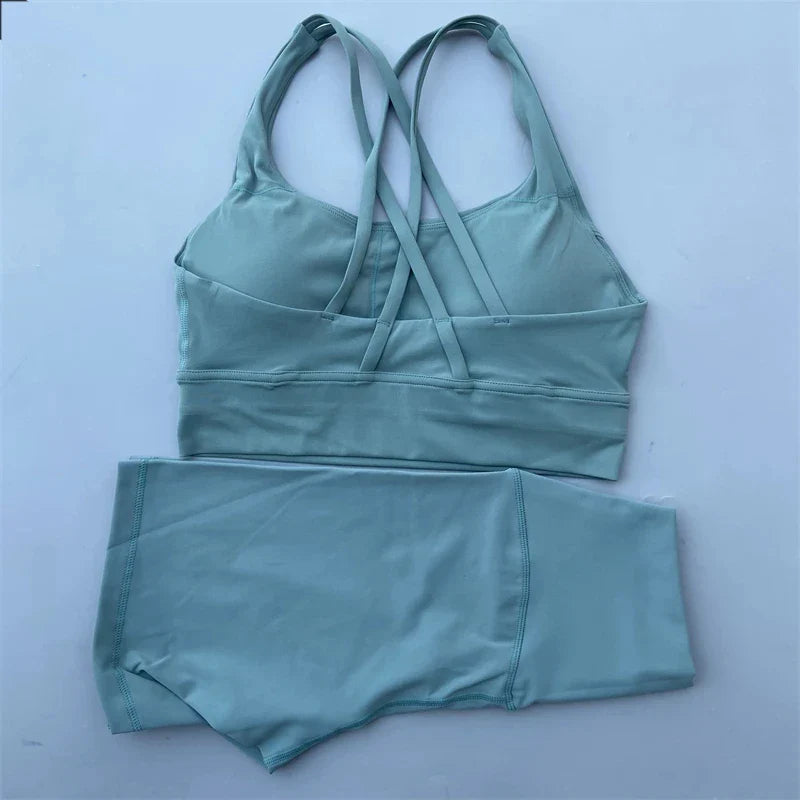 Solid Color soft gym Yoga Set short Legging +cross sport bra Tracksuit  Women Gym Suit Comprehensive Training Jogging Athletic