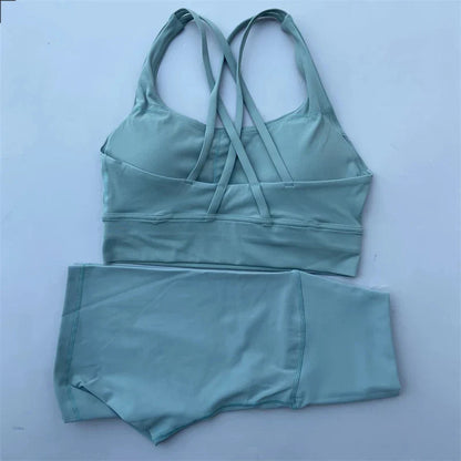 Solid Color soft gym Yoga Set short Legging +cross sport bra Tracksuit  Women Gym Suit Comprehensive Training Jogging Athletic