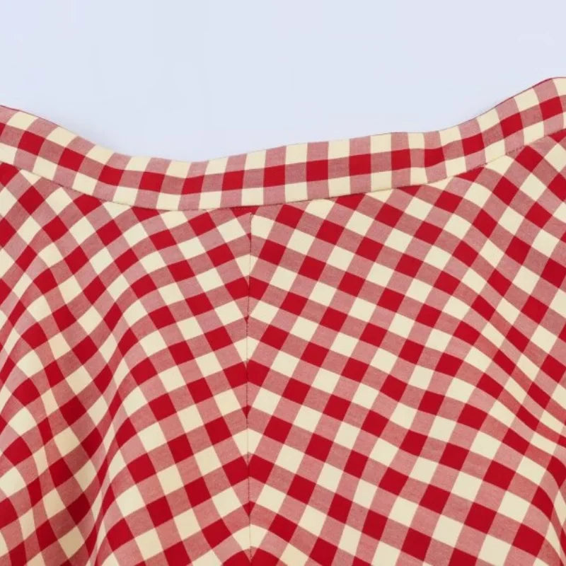 Women's Red Gingham A-Line Midi Skirt – High Waist, Flared Hem, Spring Casual Skirt for Picnic & Outdoor Outings