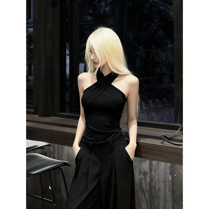 Solid Cross  Tank Top Women Sleeveless Chic 2000s Clothes Y2k Summer Tops New 2026 Korean Fashion Gothic Tanks Tshirt
