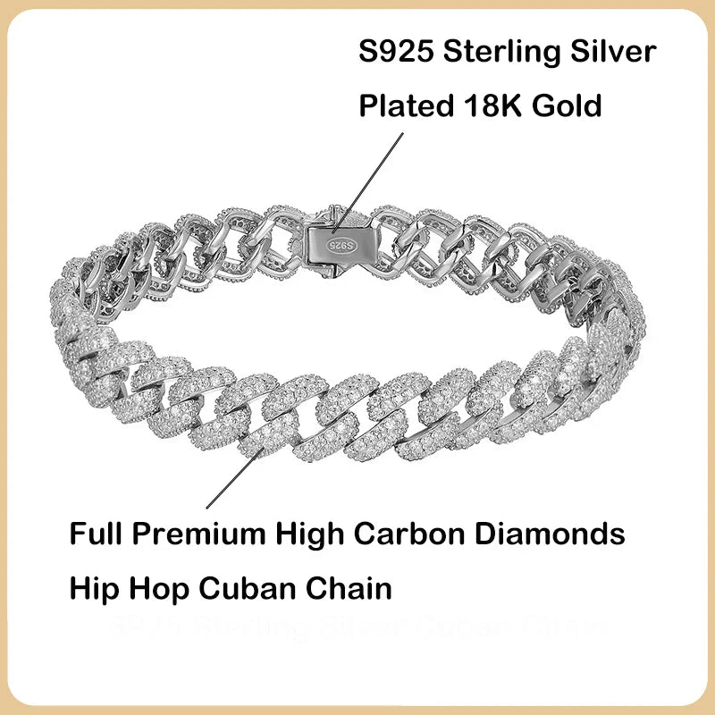 S925 Sterling Silver Plated 18K Gold Cuban Bracelet for Women Men High Carbon Zircon Diamond Bracelets Hip Hop Link Chain