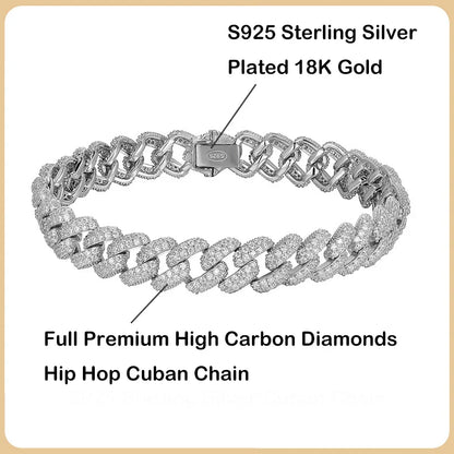 S925 Sterling Silver Plated 18K Gold Cuban Bracelet for Women Men High Carbon Zircon Diamond Bracelets Hip Hop Link Chain
