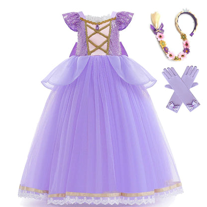 Rapunzel Princess Dress Girl Purple Deluxe Elegant Cosplay Tangled Costume Halloween Vestido Kids Birthday Ball Gown Clothes
