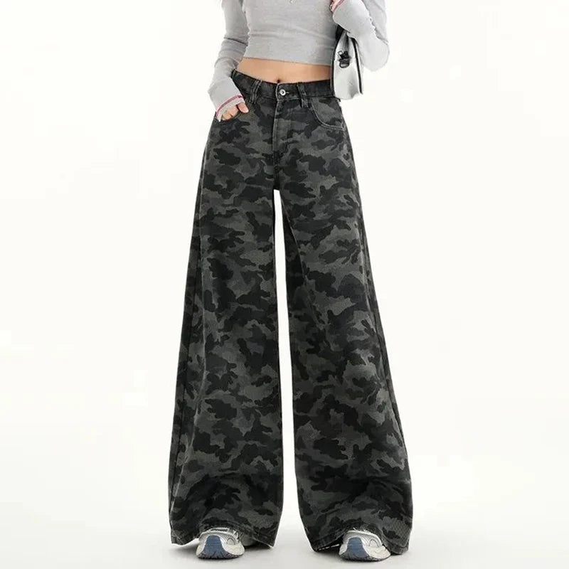 Women Retro Casual Straight Leg Jeans Female High Waist Camouflage Cargo Pants Girls High Street Fashion Denim Trousers