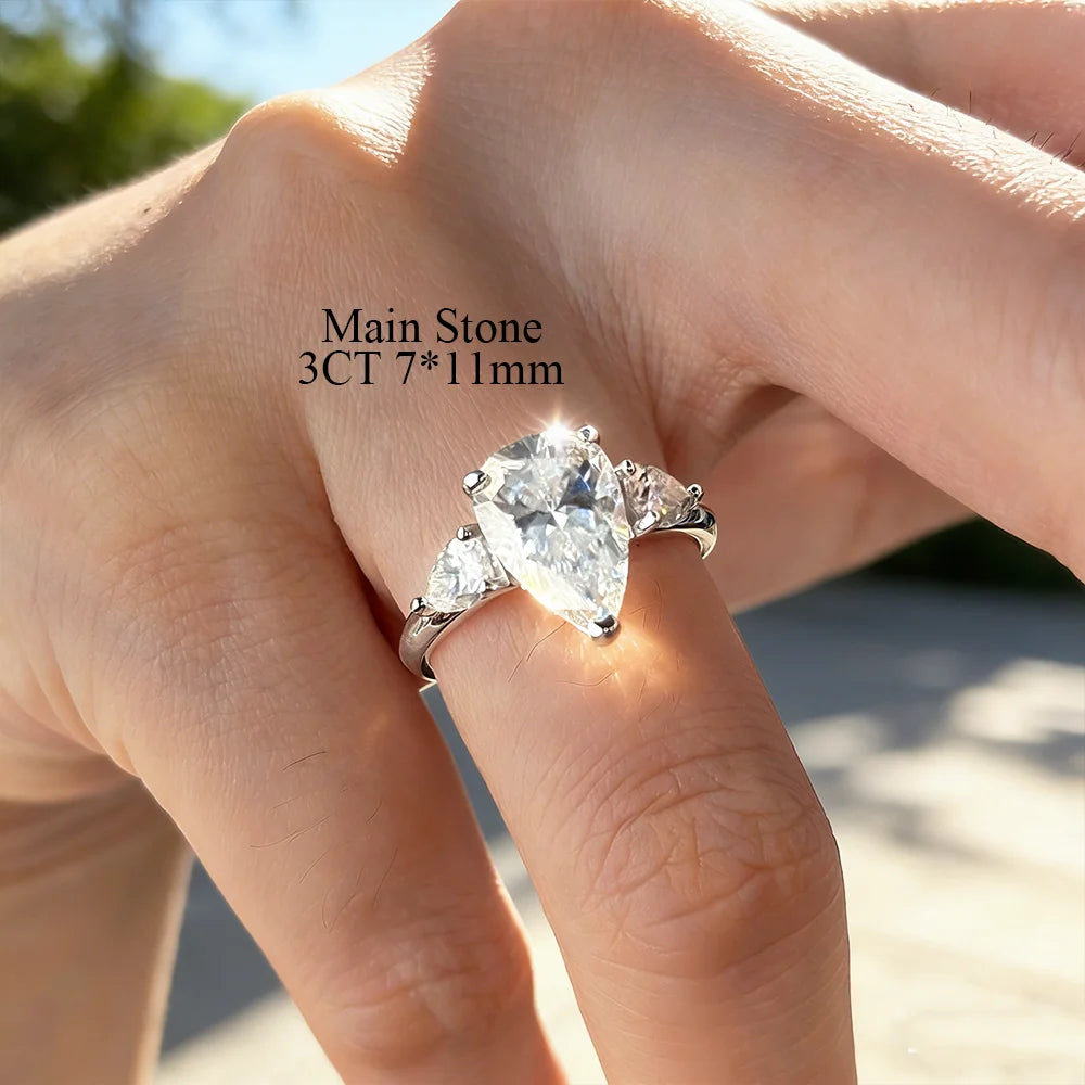 1/2/3/4CT Pear Cut Moissanite 3-stone Ring for Women S925 Silver Sparkling D Waterdrop Diamond Wedding Band Fine Jewelry