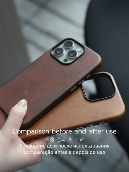 Magnetic Genuine Leather Case for iPhone 17 16 Pro Max 15 14 Compatible with MagSafe Nature Cowhide Retro Phone Cover