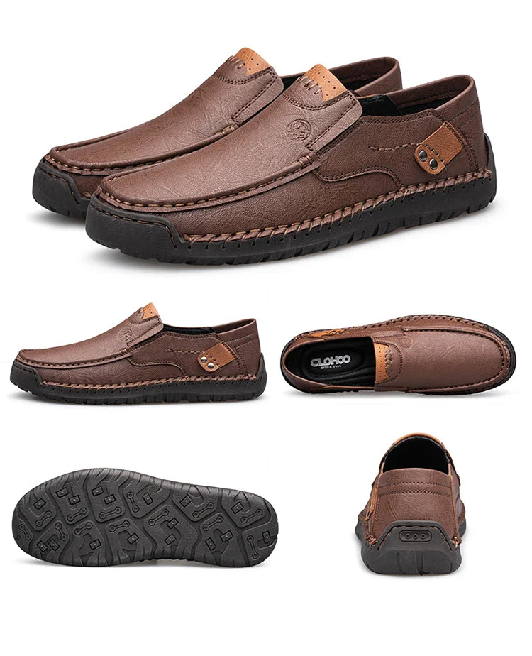 Men's Handmade Thick Rubber Bottom Breathable Casual Leather Shoes Classic Sewn Loafers Comfortable Leisure Footwear