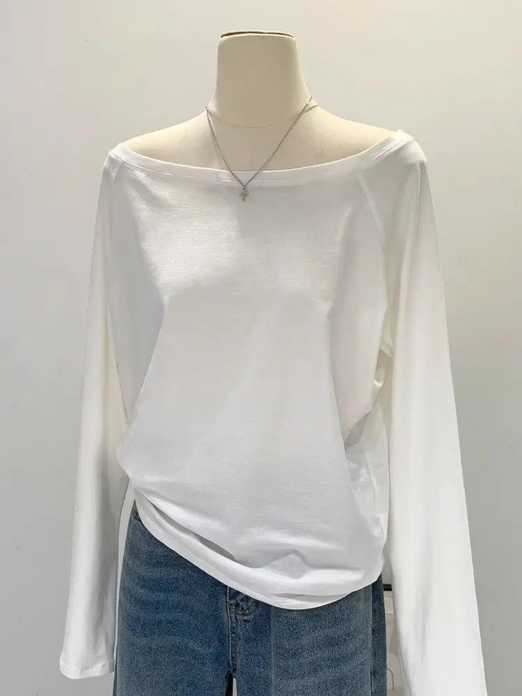 Off the shoulder Long sleeve T shirt Women Spring Autumn Loose Sexy One Shoulder Top Lady Casual Basic Tees School Preppy Blouse