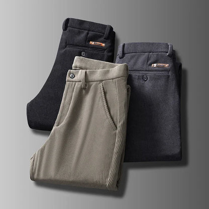 2025 New Winter Fleece Warm Corduroy Pants Men Business Fashion Slim Fit Stretch Thicken Gray Khaki Fluff Casual Trousers Male