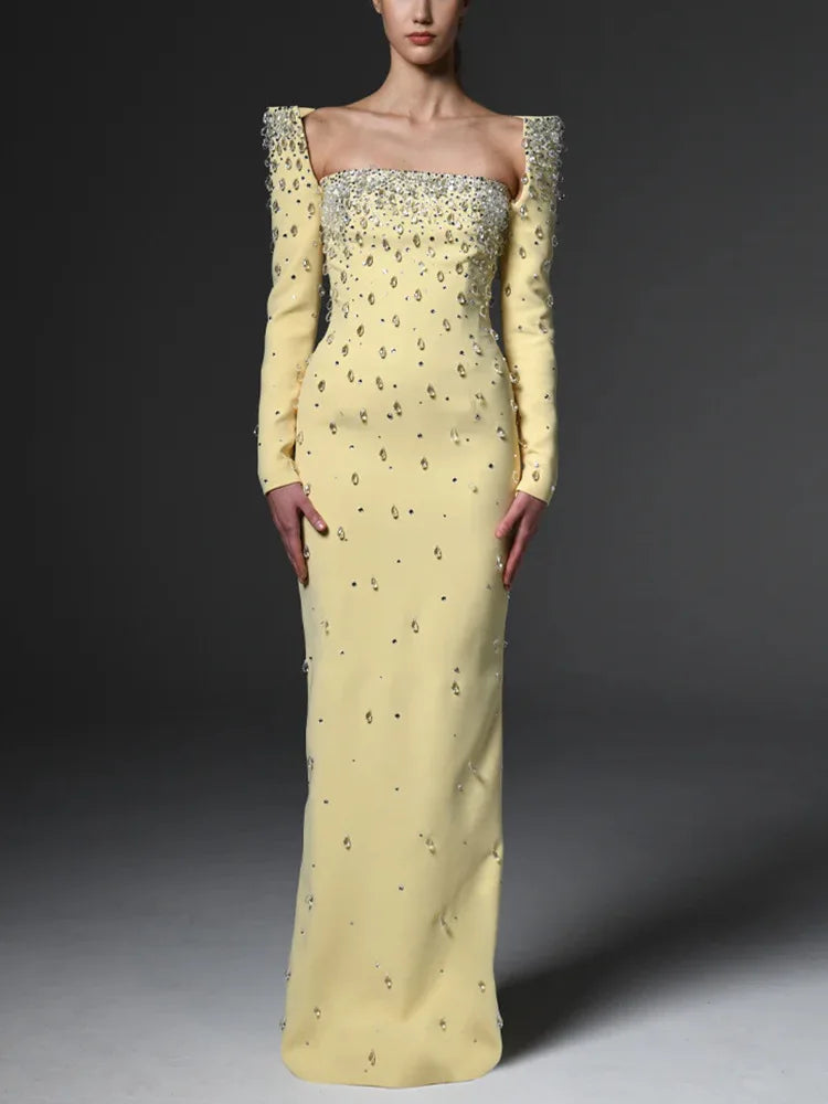 Newest Fashion 2026 Designer Vestido Women's Square Collar Beading Diamonds Long Sleeve Maxi Dress