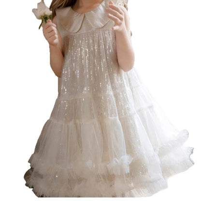 Summer Kid Girl Dress Peter Pan Collar Baby Glitter Mesh Princess Birthday Party Dress 2026 Gauze Dress For Children Girl