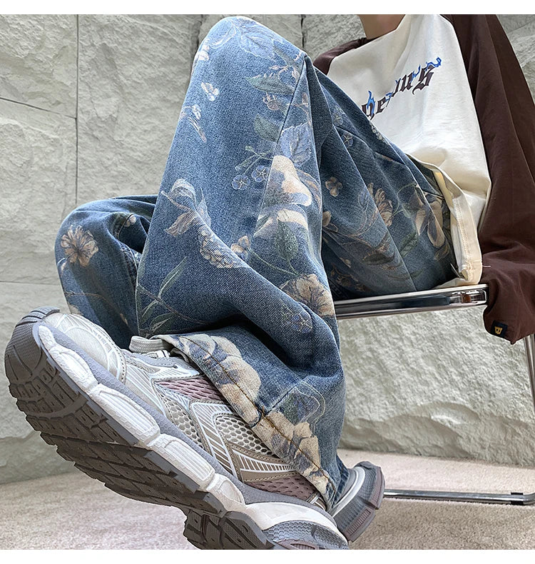 Mens Fashion Printed Jeans 2024 Spring Floral Denim Mopping Trousers Korean Style High Street Loose Hip Hop Wide-leg Jean Pants